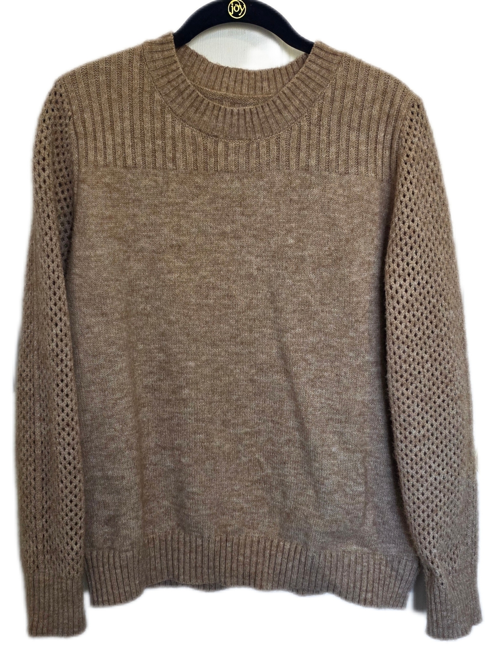 SHEIN Taupe Open-Stitch Sleeve Crewneck Sweater